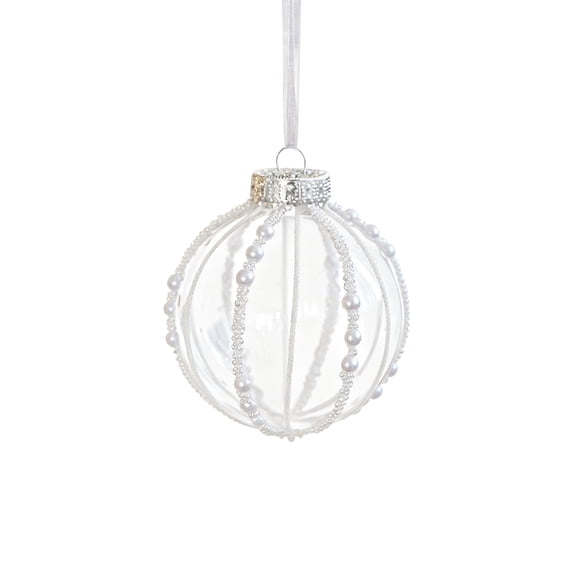 Hvmvliv 3.14 Inch Plastic Transparent Christmas Ball Striped Sticky White Pearl Hanging Ornament Tree Decoration White