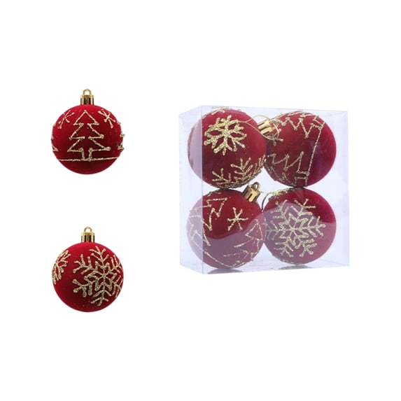 Hvmvliv 4-Piece Flocked Christmas Balls Set Multiple Styles Tree Decorations Small Ornament Collection Red