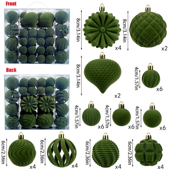 Hvmvliv 48-Piece Velvet Flocked Christmas Ball Ornaments Bulk Set Plastic Xmas Tree Decorations Holiday Hanging Ornaments Green