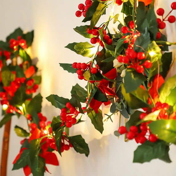 Hvmvliv 7ft Christmas Garland with Lights Christmas Led Lights String Decorative Rattan Red Berries Artificial Christmas Garlands for Indoor Christmas Decoration Green