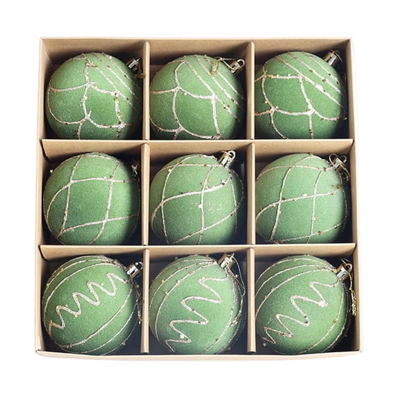 Hvmvliv 9 Pack Light Green Flocked Christmas Ball Ornaments with Glitter in Gift Box for Xmas Tree Decor