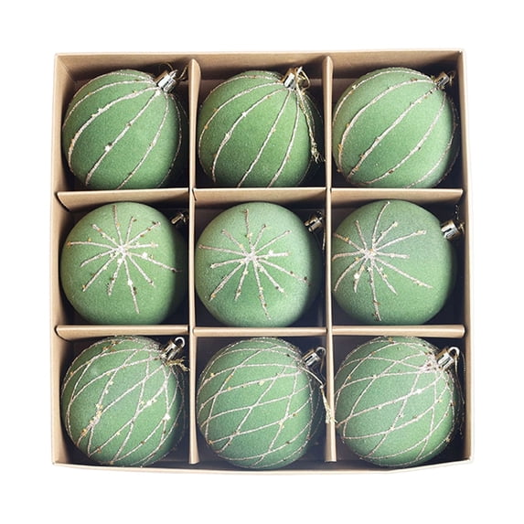 Hvmvliv 9 Pack Light Green Flocked Christmas Ball Ornaments with Glitter in Gift Box for Xmas Tree Decor