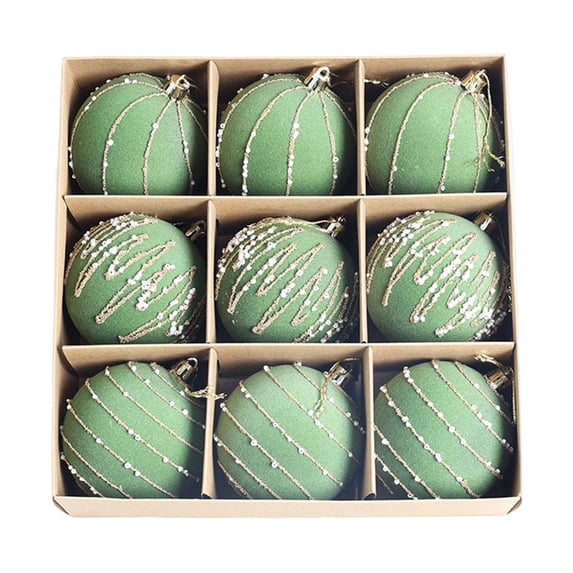 Hvmvliv 9 Pack Light Green Flocked Christmas Ball Ornaments with Glitter in Gift Box for Xmas Tree Decor