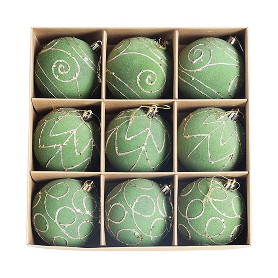 Hvmvliv 9 Pack Light Green Flocked Christmas Ball Ornaments with Glitter in Gift Box for Xmas Tree Decor
