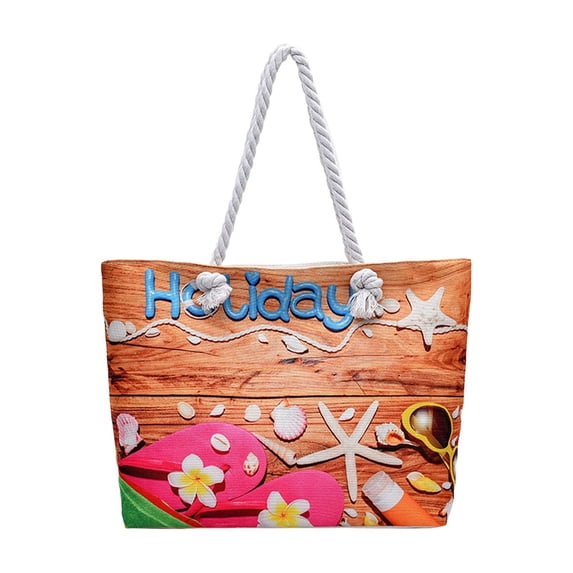 Hvmvliv Beach Bag with Rope Handles,Large Capacity Canvas Tote with Beach Parten Printing for Travel and Shopping,Spacious and Sturdy,Size:15.35X12.99X3.54in Multicolor-C