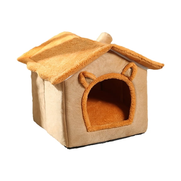 Hvmvliv Cat House Large Cat Beds for Indoor Cats Removable Washable Thicken Plush Winter Warm Soft Comfy Pet Bed for Small and Medium Size Pets Brown, 14.5x14.5 in