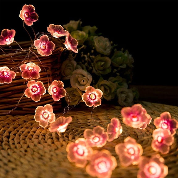 Hvmvliv Cherry Blossom LED Copper Light String with Battery Case - Peach Flower Shaped Outdoor Decoration for Garden and Camping Pink