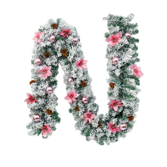 Hvmvliv Christmas Garland 106.3in Christmas Flocked Rattan with Hanging Balls PVC Xmas Garlands Doorway Handrail Fireplace Indoor Decorations Pink