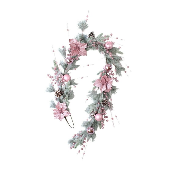 Hvmvliv Christmas Garland 70.87in Christmas Electroplated Rattan with Pink Flowers Xmas Flocking Pine Needle Garlands for Home Wall Window Fireplace Hanging Decorations Multicolor