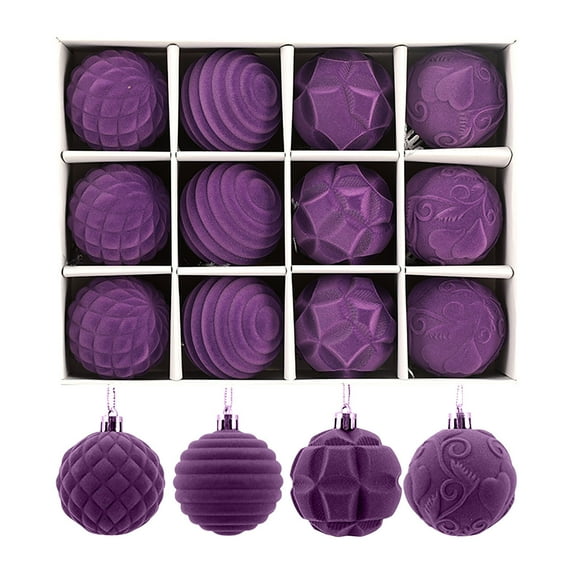 Hvmvliv Christmas Ornaments 12Pc 2.34inch Flocking Christmas Tree Balls Boxed Velvet Shatterproof Xmas Tree Pendant Holiday Hanging Decorations Purple