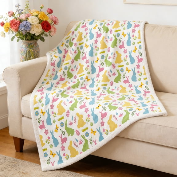 Hvmvliv Classic Easter Egg Bunny Flannel Blanket Cozy Polyester Blanket 75x100cm, Lightweight, Fast Drying, for Home, Car, Camping, Gift Idea Multicolor