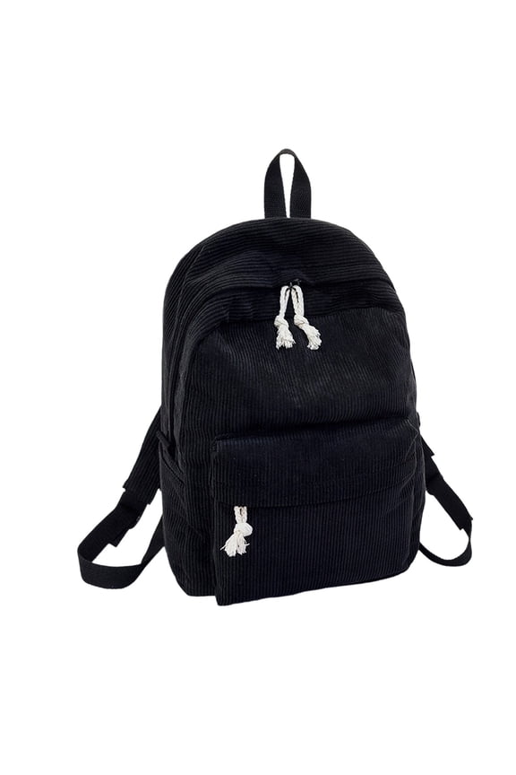 Cotton Backpack Women'S Korean Version Striped Velvet College Style Backpack,Lovely Pure Color Personalized Backbag for Daily Travel Black