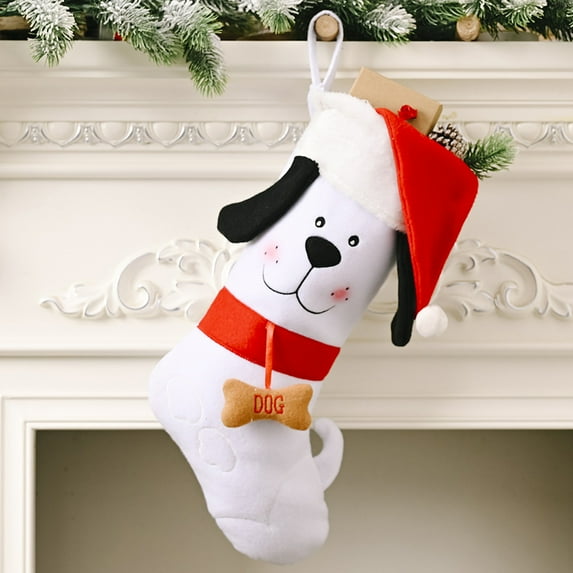 Hvmvliv Cute Christmas Stocking Gifts Bag Plush Large Size Dog Doggie Shaped Xmas Stockings for Holiday Decoration White