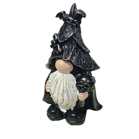 Hvmvliv Dark Gothic Gnome Decor Faceless Resin Wizard Figurine with Skull Staff for Bookshelf Halloween Party Tabletop Ornament