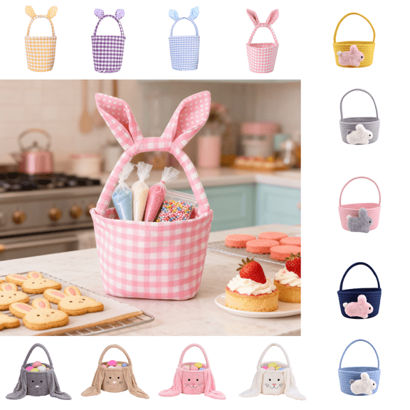 Hvmvliv Easter Basket Cute Plaid Easter Basket with Rabbit Ears, Checkered Handbag for Candy Gift Storage & Holiday Mood Decoration Pink