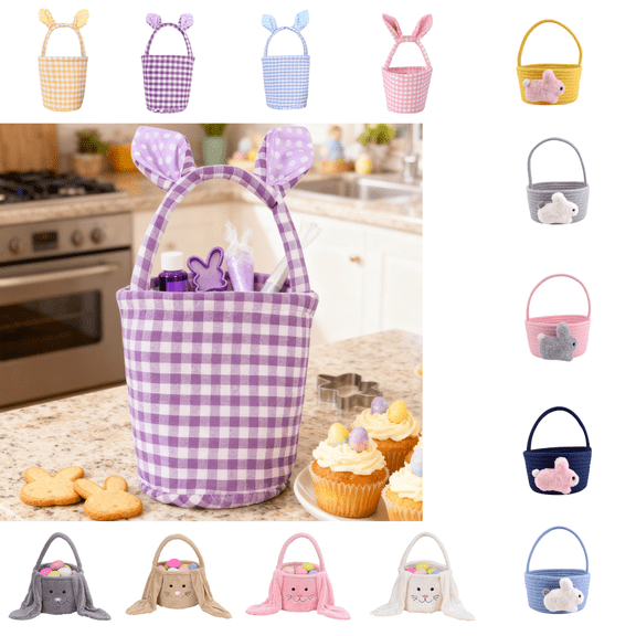 Hvmvliv Easter Basket Cute Plaid Easter Basket with Rabbit Ears, Checkered Handbag for Candy Gift Storage & Holiday Mood Decoration Purple