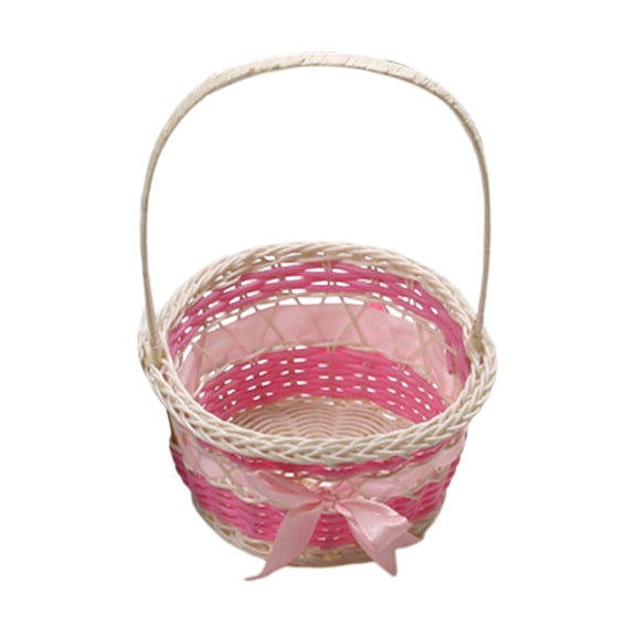 Hvmvliv Easter Basket Easter Small Round Woven Basket with Handle, Plastic Decorative Basket for Eggs, Candy & Party Supplies Pink