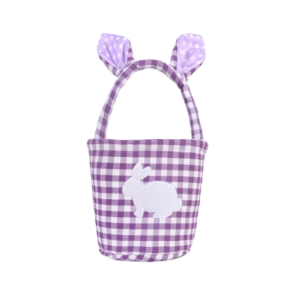 Hvmvliv Easter Basket with Handle Plaid Fabric Bunny Ear Basket, Portable Easter Egg Candy Gift Bag with Handles Purple