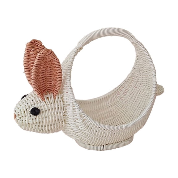 Hvmvliv Easter Bunny Shaped Woven Plastic Basket Imitation Rattan Carrying Basket with Handle, White, 34cm, for Decor, Picnic, Fruit Picking, Gift White