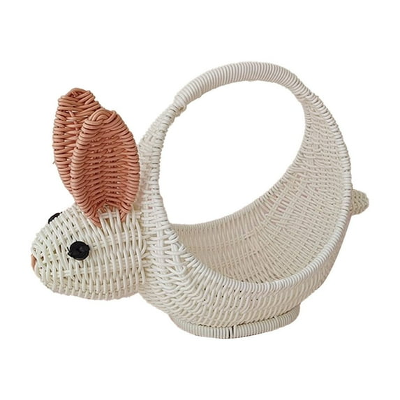 Hvmvliv Easter Bunny Shaped Woven Plastic Basket Imitation Rattan Carrying Basket with Handle, White, 34cm, for Decor, Picnic, Fruit Picking, Gift White