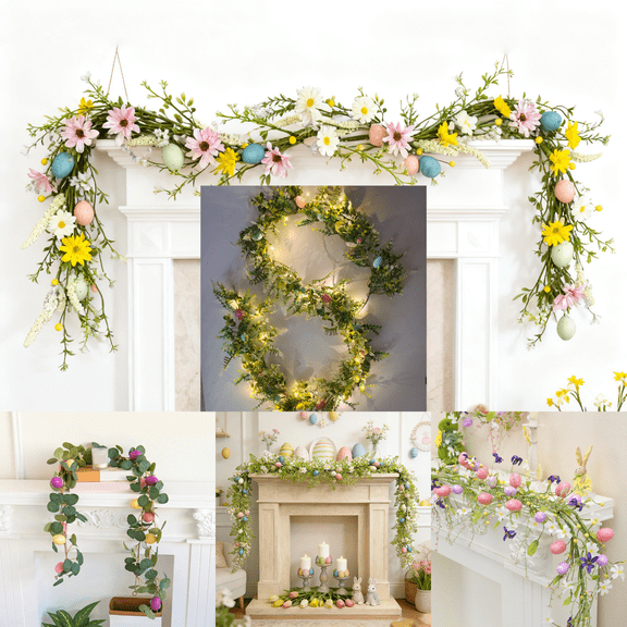 Hvmvliv Easter Garland 66 Inch Easter Garland, 36-fork Leaf Vines with Colorful Eggs, Plastic Hanging Ornament for Home, Door Frame, Car Decoration Green