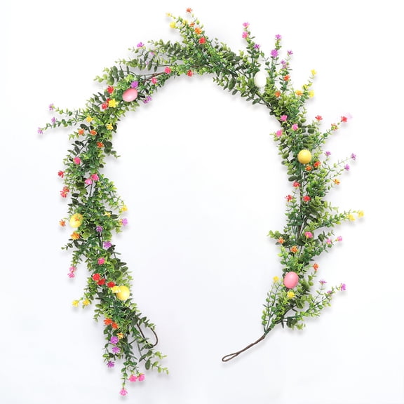 Hvmvliv Easter Garland 70 Inch Simulated Eucalyptus Garland with Baby's Breath, Colorful Egg Patterns, Faux Vines for Home Holiday Decoration Green