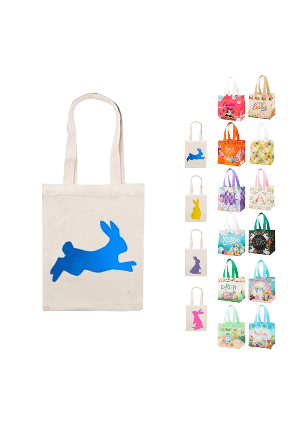 Easter Gift Bag Adorable Easter Bunny Canvas Tote Bag, Handheld Holiday Gift Bag for Eggs & Candy, Reusable & Washable Blue
