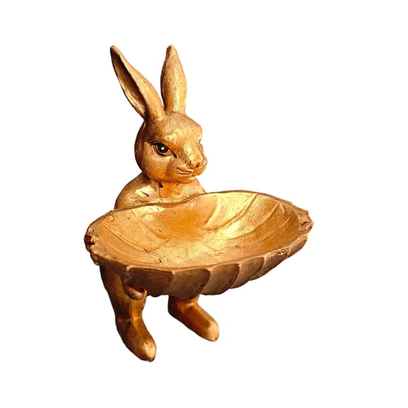 Hvmvliv Easter Statue Outdoor Vintage Gold Finish Easter Bunny Tray Ornament, Resin Decorative Figurine with Petal Tray Brown