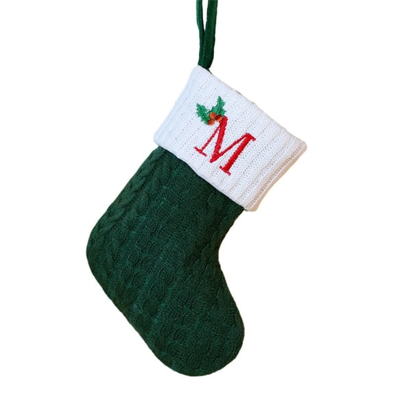 Hvmvliv Embroidered Christmas Letter Stocking Green Knitted Stockings Gifts Bag for Kids Candy Storage Christmas Tree Hanging Stocking M