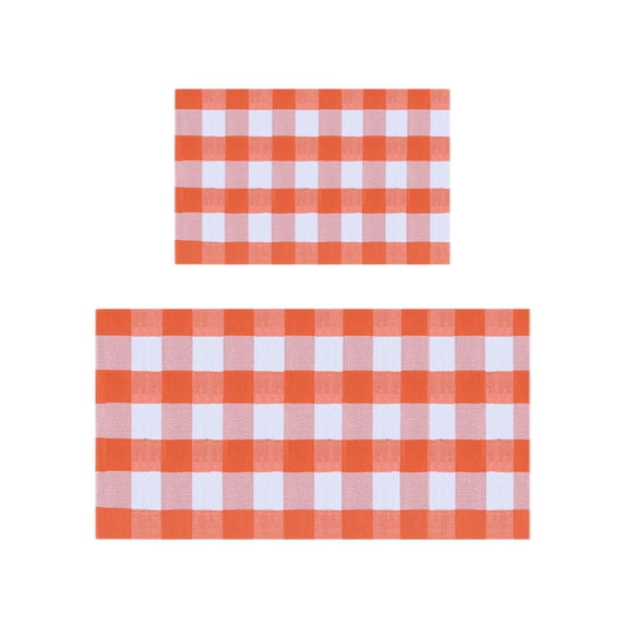 Hvmvliv Fall Kitchen Mats Set of 2 (2Pcs) Fall Plaid Rug Set of 2 Thanksgiving Kitchen Decor Carpet Orange Plaid Mat Doormats for Front Door Porch Entryway Patio Rugs Orange