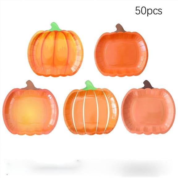 Hvmvliv Fall Pumpkin Disposable Paper Plates 50 Pack for Thanksgiving Party Food Serving Tableware Orange Themed Decor