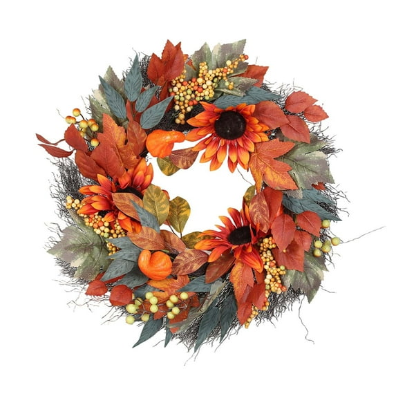 Hvmvliv Fall Wreaths 18 Inch Pumpkins Sunflowers Maple Leaves and Orange Red Berries Autumns Wreath for Front Door