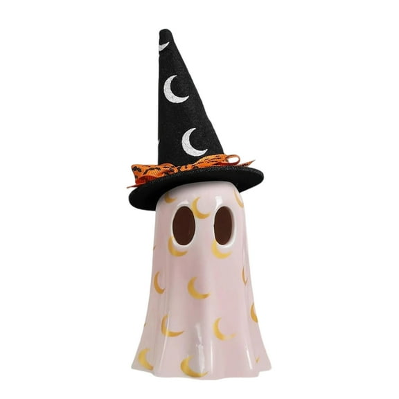Hvmvliv Ghost Decor 7.3in Ceramics Halloween Ghost Decorations with Witch Hat Lighted Cute Ghost Figurine for Spooky Halloween Decoration Indoor Pink