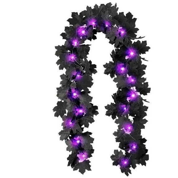 Hvmvliv Halloween Garland Decor with Lights Halloween Black Maple Leaf String Lights Halloween Horror Hanging Garland Decorations Purple