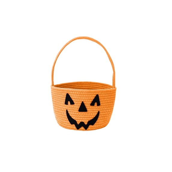 Hvmvliv Halloween Pumpkin Shaped Handwoven Basket with Ghost Face Spider Bat Design for Candy Storage Party Decor 23x18cm