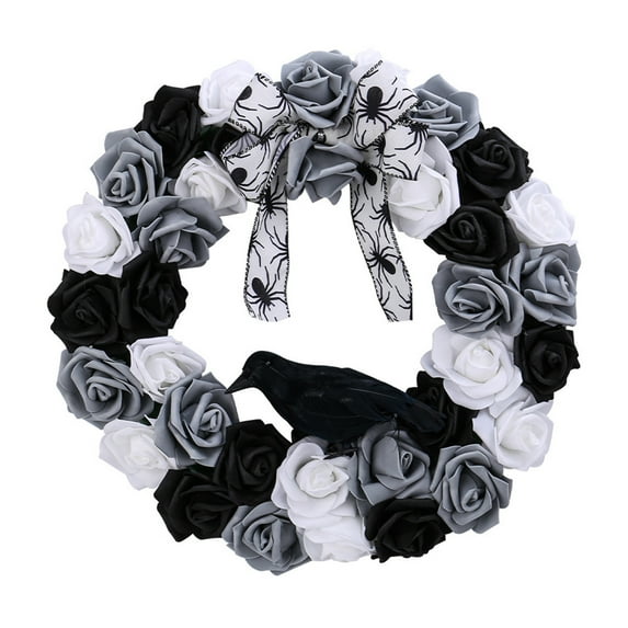 Hvmvliv Halloween Rose Wreath with Crow and Bow, Front Door Hanging Wreaths for Porch Halloween Decoration Black