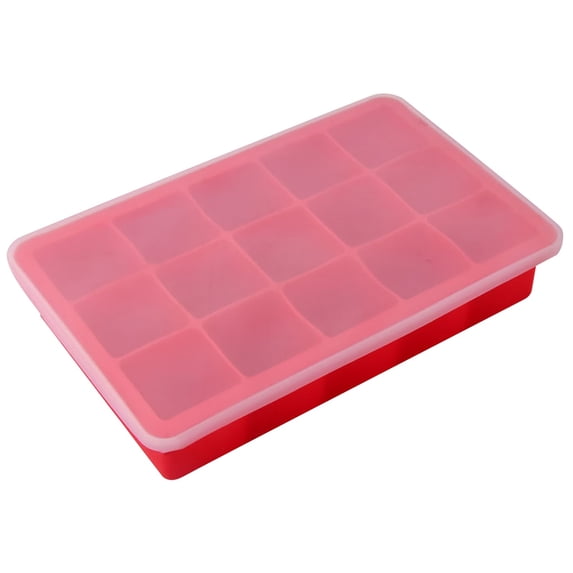 Hvmvliv Ice Trays 15-Compartments Square-Shape Food Grade Silica Gel Ice Molds with Lid Reusable Leak Proof Ice Cubes Tray for Home Kitchen Fridge Red