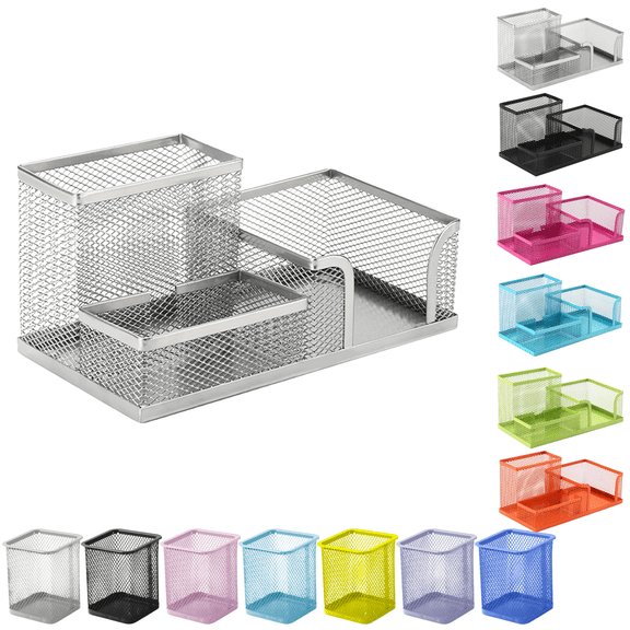 Hvmvliv Metal Mesh Pen Holder 3 Compartments Scratch Resistant Steel with Non Slip Mats for Office Desk Cellphone Sticky Notes
