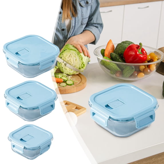 Hvmvliv Square Glass Bento Box,Microwave Safe Lunch Box for Office and Home,Meal Prep Food Storage,Heat-Resistant,Easy to Clean,Size 4.41X4.41X1.97in Blue-S