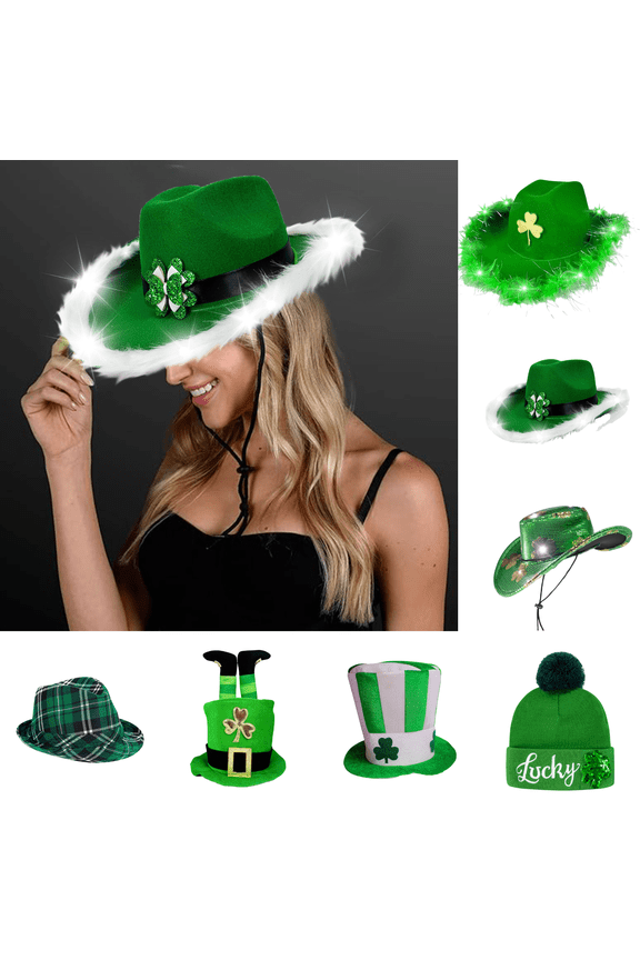 St.Patrick's Day Lighted Cowboy Hat with feathers Irish Day Party Decorative Hat Costume for Celebrations Parades Bar Gatherings