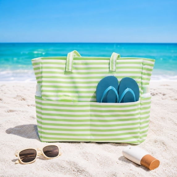 Hvmvliv Stripe Beach Tote Bag with Pockets,Large Canvas Shoulder Bag Pool Bag with Reinforced Handles,Water-Resistant for Phone,Water Bottle,Size:16.5X14.2in Green