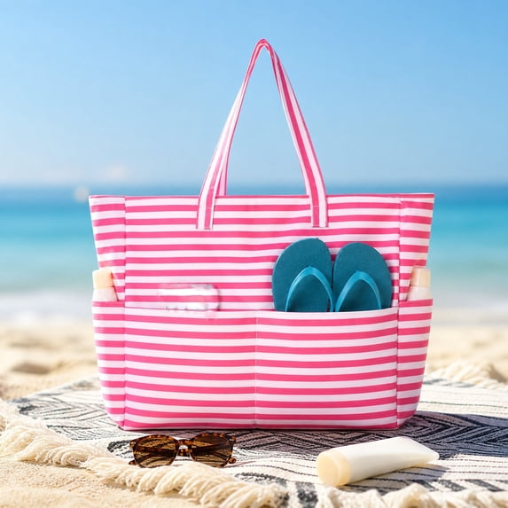 Hvmvliv Stripe Beach Tote Bag with Pockets,Large Canvas Shoulder Bag Pool Bag with Reinforced Handles,Water-Resistant for Phone,Water Bottle,Size:16.5X14.2in Pink