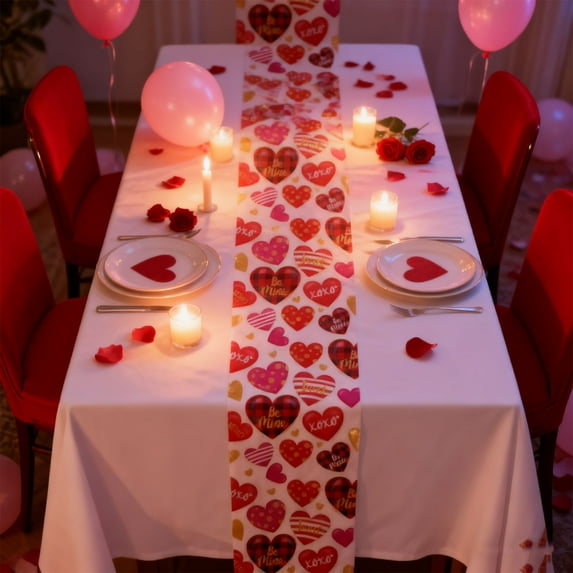 Hvmvliv Valentine's Day Table Runner 33x180cm Polyester Non-Slip, Heart/Rose Printed, Machine Washable Fade-Resistant, Perfect for Festive Dinners Weddings Anniversaries, Romantic Home Decor Red