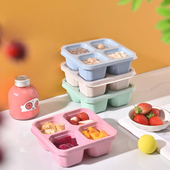 Hvmvliv Wheat Straw Bento Box,Square 4-Compartment Lunch Box with Transparent Lid,Containers for Fruit Storage,Stackable,Size:2X6.7X6.1in Beige-A
