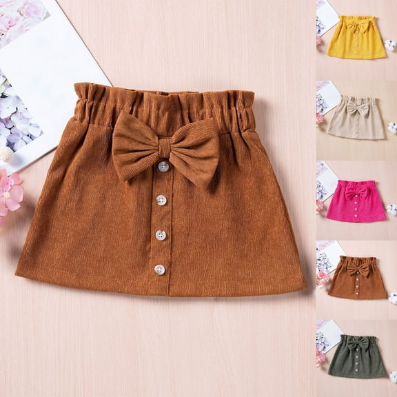 Hvobtty Girls' Fall and Winter Half Skirts, Toddler Half Skirts, Girls' Spring Corduroy Solid Color Bow Breasted Half Length Skirt Khaki 5-6 Years