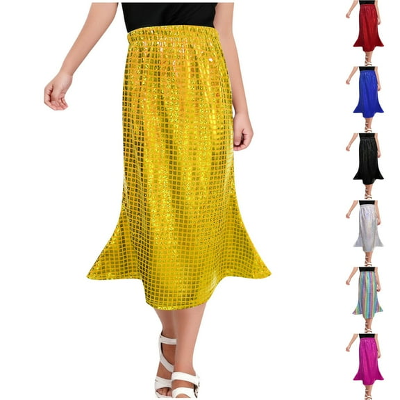 Hvobtty Girls' Half Skirts, Toddler Half Skirts, Block Sequin Checkered Girls' Dance Dress Half Skirt Long Skirt Girls' Fan-shaped Skirt Red 9-10 Years