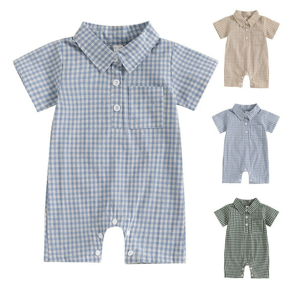 Hvobtty Kids Short Sleeve Rompers, Toddler Summer Rompers, Summer Checkered Printed Jumpsuit for Boys and Casual Western-style Pocket Style Kids Crawling Clothes Clothes Blue 6-12 Months
