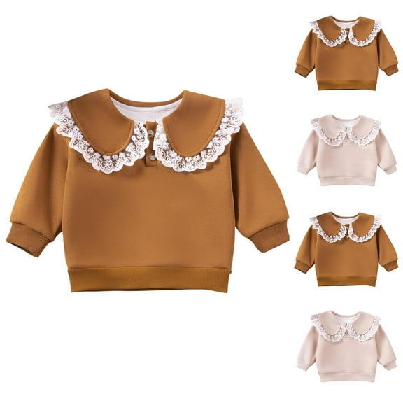 Hvobtty Toddler Girls Sweatshirts, Toddler Fall Tops, Fall And Winter Girls' Solid Color Long Sleeved Round Neck Doll Collar With Warm Hoodie Casual Cute Sleeved Lapel Beige 4-5 Years