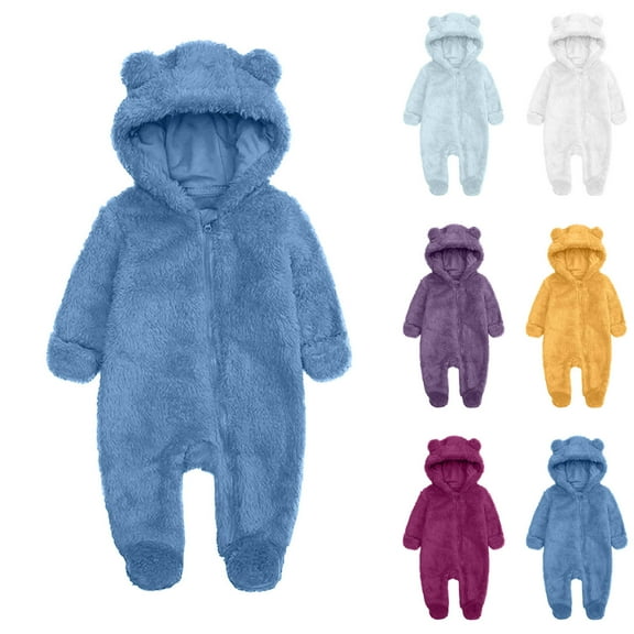 Hvobtty Toddler Long Sleeved Hooded Warm Rompers, Toddler Winter Rompers, Toddler Kids Girls Boys Long Sleeve Solid Color Warm Round Neck Jumpsuit Romper Blue 0-3 Months