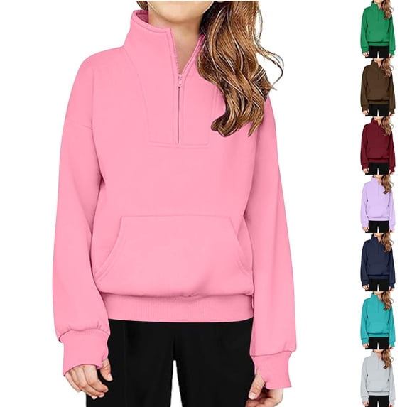 Hvobtty Toddler Sweatshirts, Toddler Fall Tops, Children's Mid to Large Age Boys Girls Winter Solid Color Half Zipper High Neck Hooded Sweatshirt Gray 13-14 Years